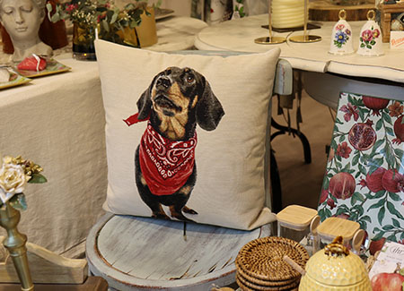 Sobre una silla de madera, un cojín con un estampado de perro que lleva una badana roja y blanca. A su alrededor podemos ver otros elementos de decoración