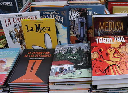 Primer plano de un expositor dónde podemos ver una pequeña parte de la colección de libros y cómics de la librería