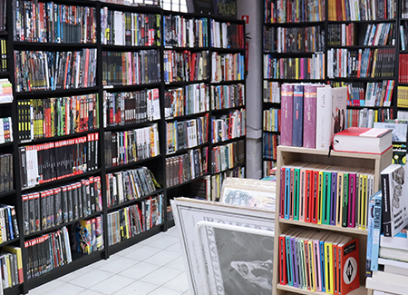 Vista del interior de la librería, dónde podemos ver una esquina del comercio cubierta por dos grandes estanterías llenas de libros y de cómics. En primer plano vemos más libros en estanterías y expositores más pequeños