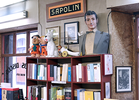 Vista del interior de la librería, dónde vemos unas librerías con libros y unas figuras de adorno sobre ellas, en las paredes se ven carteles y fotos antiguas